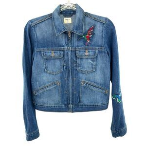 GAP Embroidered Denim Jeans Jacket Zip Up Patches‎ Boho Hippie Size XS